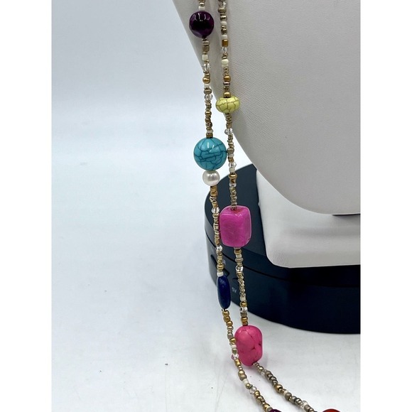 CHICO'S Multi Color and Shapes Beaded Double Strand Matte Gold Tone Necklace - Picture 3 of 16